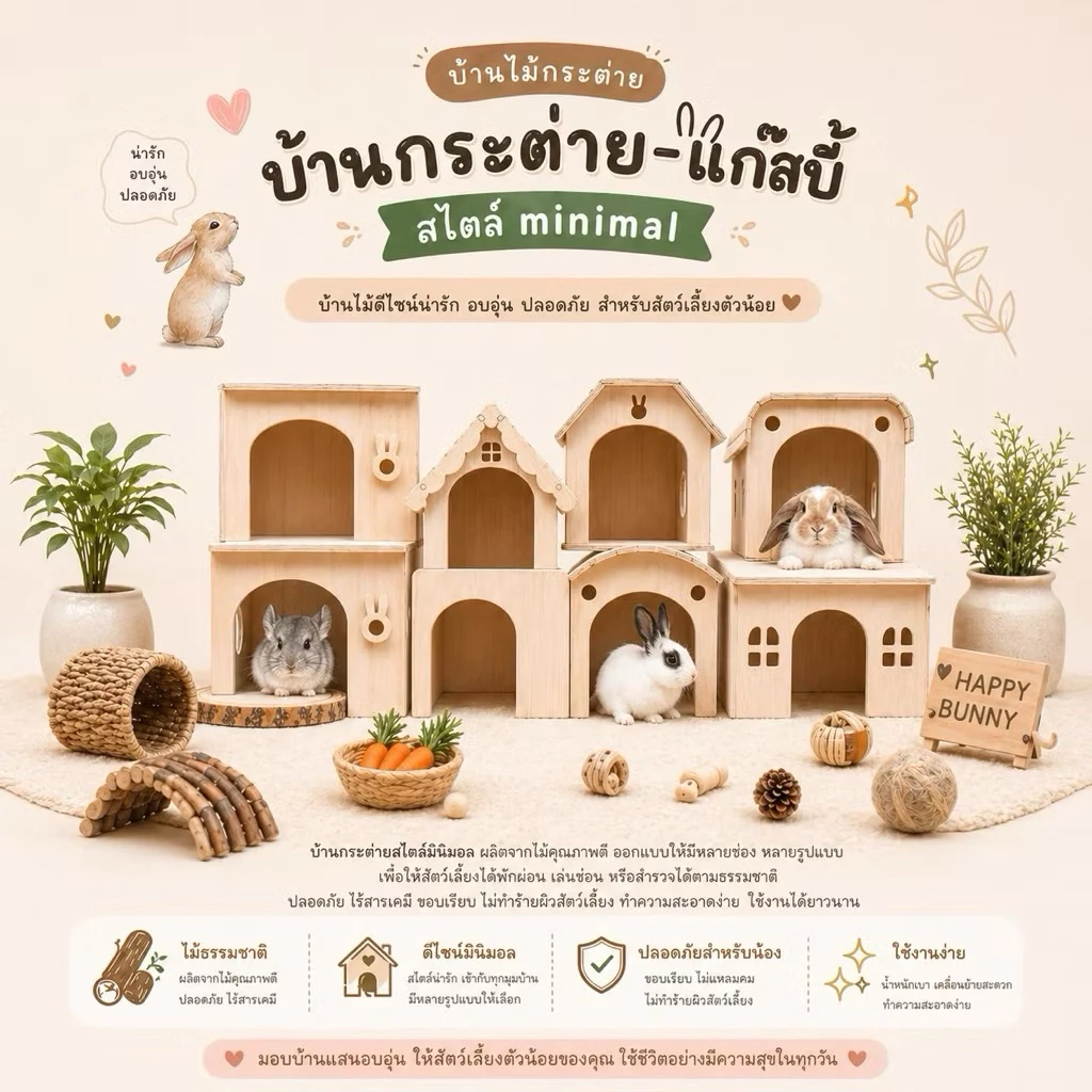 🇹🇭งานไทย บ้านไม้ บ้านกระต่ายไม้ แก๊สบี้ ชินชิลล่า เม่นเเคระ (สินค้าถ่ายจากงานจริงตรงปก100%) ไร้สารอันตราย ปลอดภัย