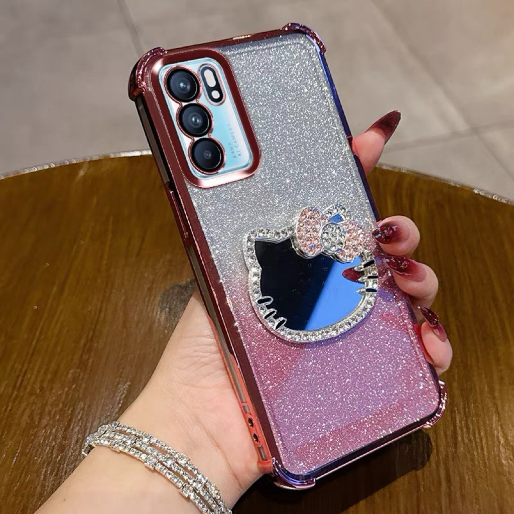 เคสกระจกคิตตี้ ตั้งได้ สำหรับ Samsung A15 A27 A55 A57 A37 A12 S24FE S25FE A17 A36 A56 กันกระแทก กระจกแต่งหน้า ฟรุ้งฟริ้ง