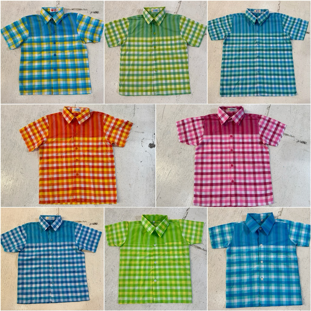 เสื้อวัฒนธรรม เสื้อพื้นเมือง เสื้อผ้าไทย ลายผ้าขาวม้า ลายสก็อต ตารางใหญ่ มีเด็กและผู้ใหญ่ ผ้าทอ เนื้อผ้าใส่สบาย ไม่ร้อน