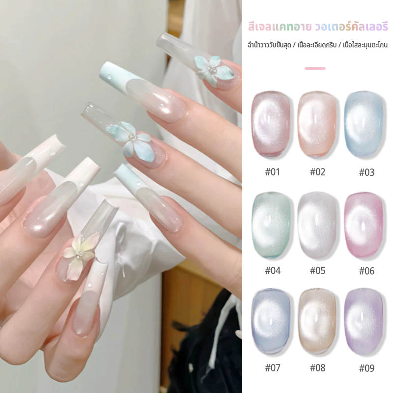 Nawoelite สีลูกแก้ว 9 สี สีทาเล็บเจล เจลทาเล็บสีน้ำ 9 สี เนื้อใสเงางามเหมือนน้ำ มีประกายเพชรเม็ดเล็กในตัว สวยใสสะอาดตา