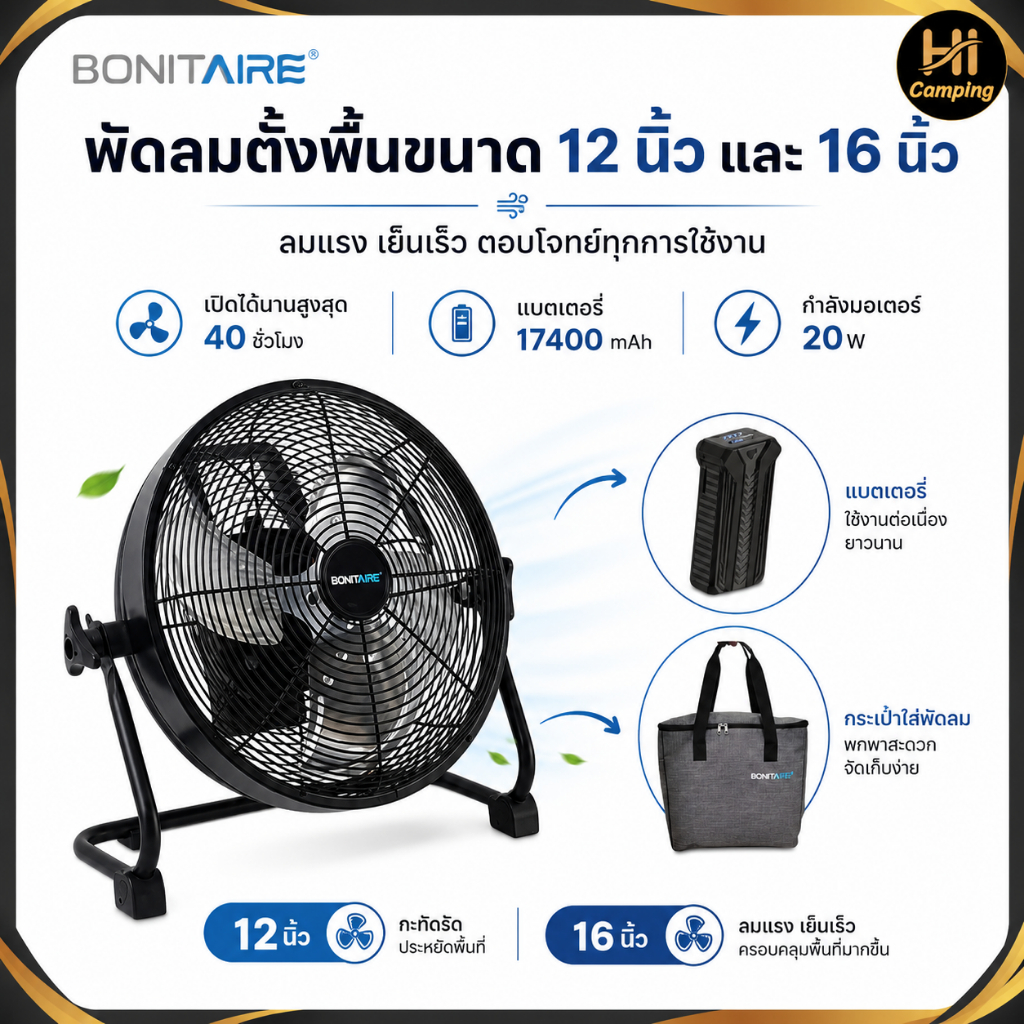 Bonitaire พัดลมพกพาพร้อมแบตเตอรี่ ขนาด12นิ้ว,16นิ้ว แบตอึด ใช้งานได้ยาวนาน 40 ชั่วโมง