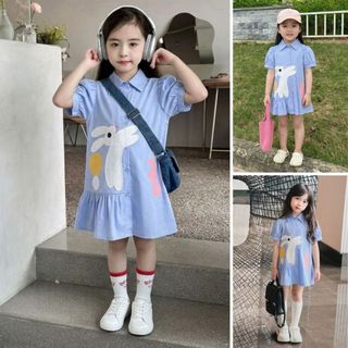 Hanababywear ชุดเดรสแขนสั้นลายกระต่ายสำหรับเด็กผู้หญิง 2026 ฤดูร้อนใหม่ เวอร์ชั่นเกาหลี K4125068