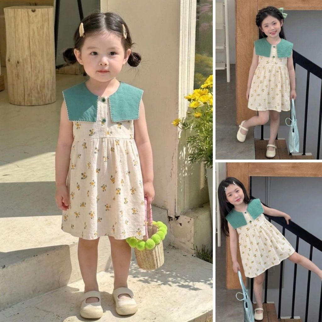 Hanababywear ชุดเดรสกระโปรงแขนสั้น สีเรียบ สไตล์เกาหลี ชุดเดรสสำหรับเด็ก พร้อมส่งในไทย-K4125039