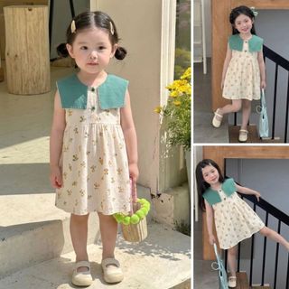 Hanababywear ชุดเดรสกระโปรงแขนสั้น สีเรียบ สไตล์เกาหลี ชุดเดรสสำหรับเด็ก พร้อมส่งในไทย-K4125039