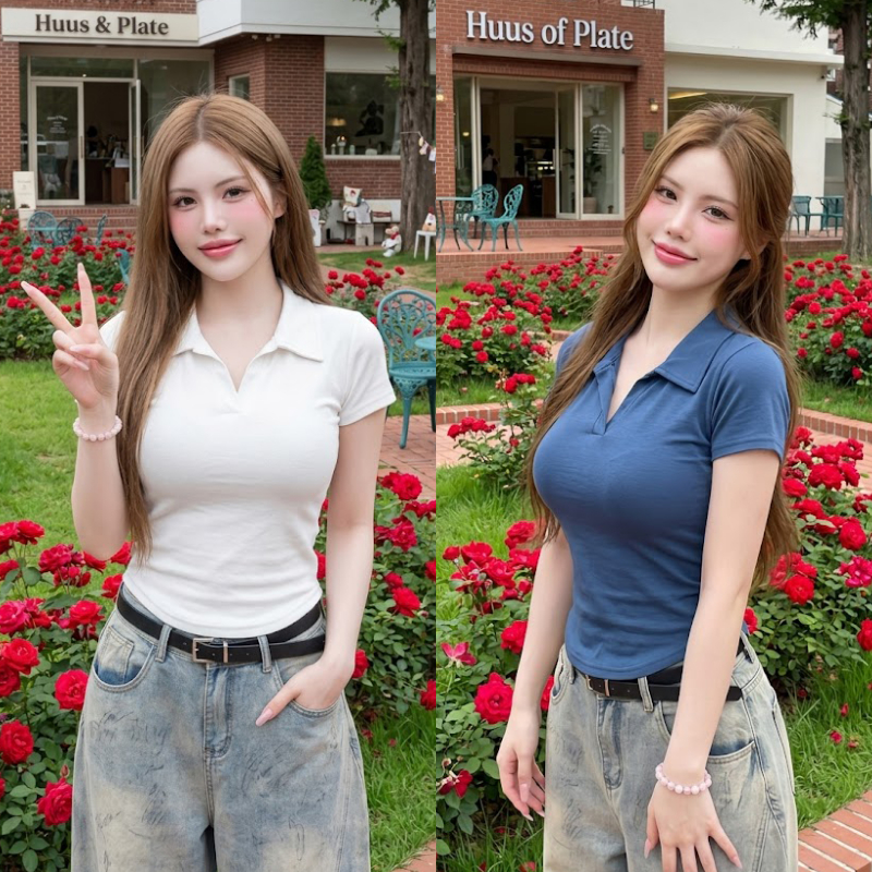 🌈SpinnyHouse🌈เสื้อคอปก ผ้าร่องยืด สาวอวบใส่ได้ เสื้อใส่ทำงาน มีไซส์ M-XL พร้อมส่ง รุ่น ปกเดือน
