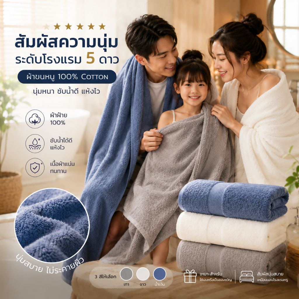 พร้อมส่ง 24 ชม ผ้าเช็ดตัวระดับโรงแรม ผ้าขนหนู  คอตตอน 100%  ขนาด 70*140 เซนติเมตร ขนาดมาตรฐาน 12 ปอนด์ ราคาส่ง