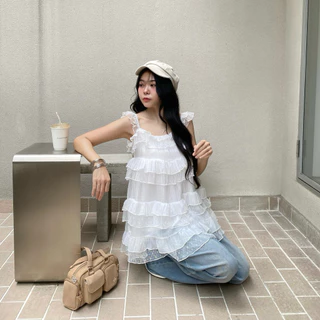-𝐂𝐡𝐢𝐯𝐚- PEONY MINI DRESS | (แบบสวมหัว)มินิเดรสระบายไล่เลเยอร์ แต่งลูกไม้