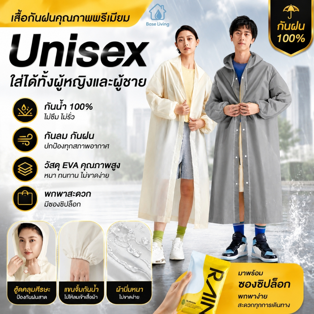 เสื้อกันฝนแฟชั่น วัสดุ PEVA หนาแน่น ทนทาน กันลมกันฝน พับเก็บง่าย ประหยัดพื้นที่ เหมาะใช้ฤดูฝนประจำวัน
