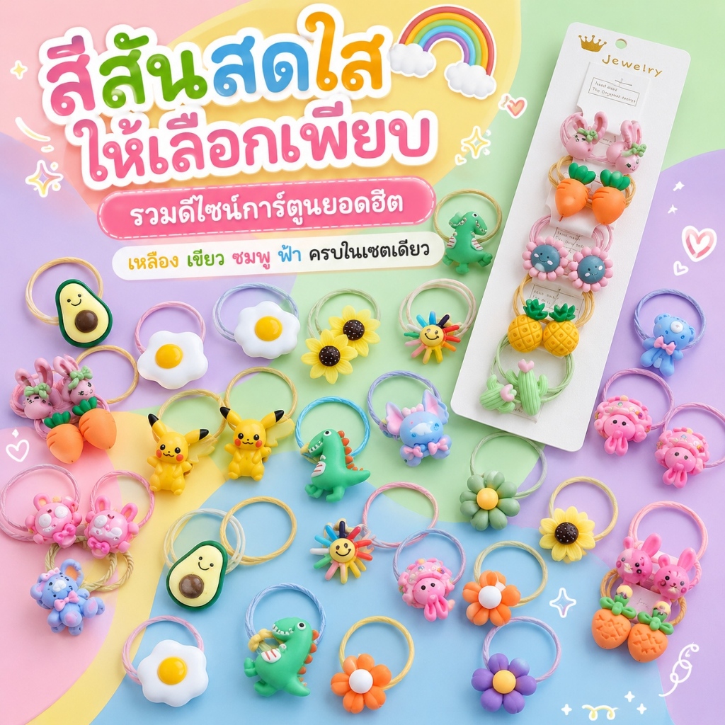 ยางรัดผมเด็ก 10เส้น ลายการ์ตูนสัตว์ ผลไม้ ดอกไม้ สีสันสดใส สไตล์เกาหลี ยืดหยุ่นดี ไม่กินผม สำหรับเด็กผู้หญิง