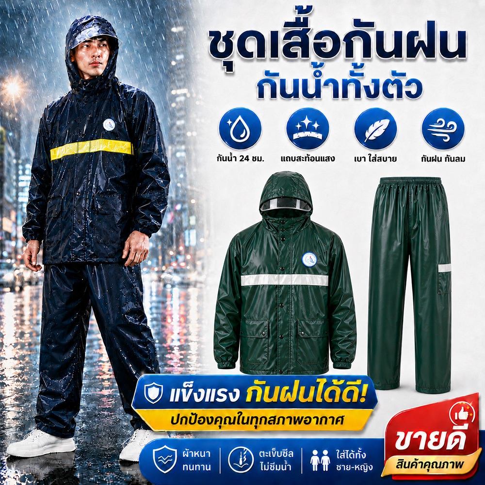 【ทนทาน 50 ปี】เสื้อกันฝน ชุดกันฝน หนาขึ้นชุดกันฝน สวมใส่ง่าย ป้องกันฝนตกหนัก มีแถบสะท้อนแส ระบายอากาศได้