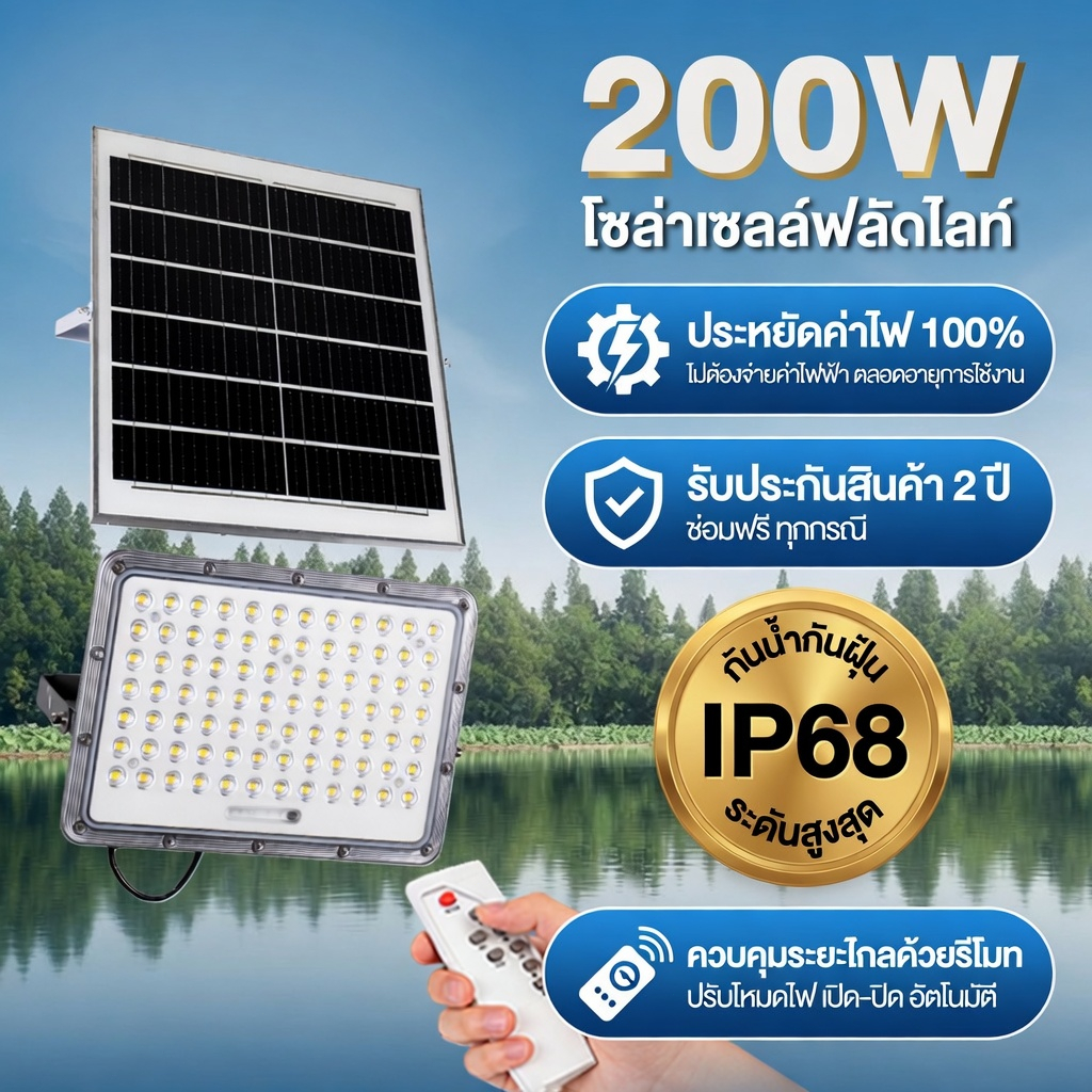 โคมไฟสปอร์ตไลท์โซล่าเซลล์ 200W IP68 แสงไกล ใช้งานกลางแจ้ง รับประกัน 2 ปี ส่งฟรี