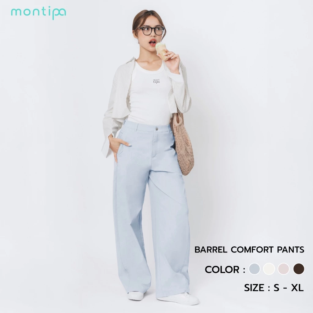 Montipa Barrel Comfort Pants กางเกงทรงบาร์เรล กระดุมและซิปหน้า แต่งกระเป๋าหลัง ผ้า Comfort 5CPFC79