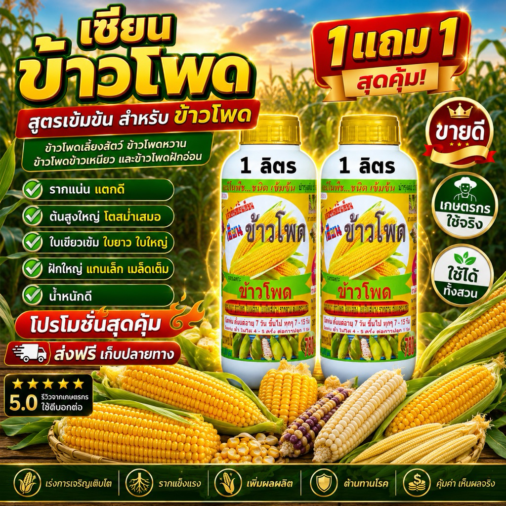 เซียนข้าวโพด 1แถม1 แก้ข้าวโพดน็อคนํ้า ทนต่อโรคและแมลง ฝักใหญ่ แก็นเล็ก เมล็ดเต็ม นํ้าหนักดี