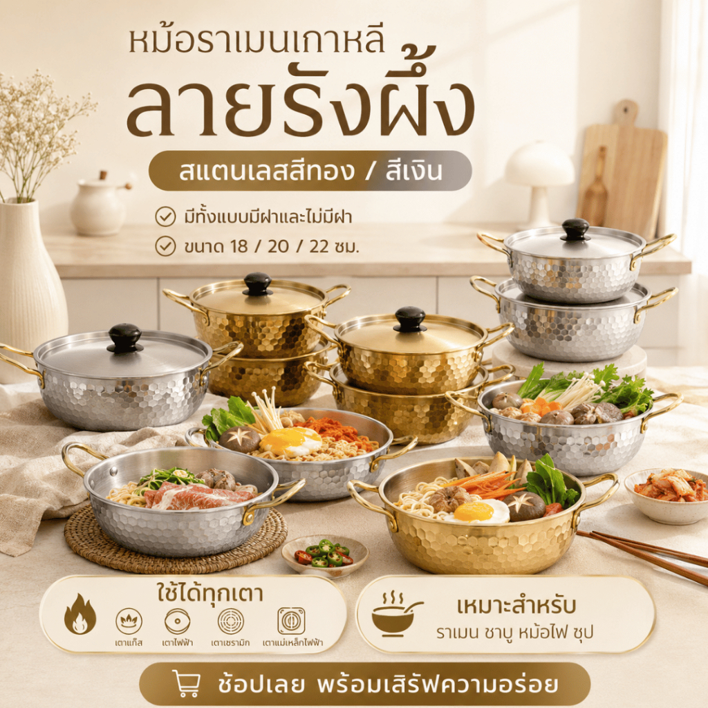 หม้อราเมนเกาหลี สแตนเลสมีหู ดีไซน์ลายรังผึ้ง ขนาด18/20/22ซม.สีทอง/เงิน ทำชาบู หม้อไฟ ใช้งานได้ทุกเตา