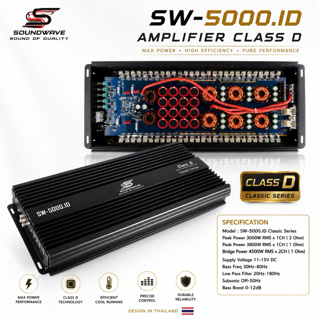 SOUNDWAVE เพาเวอร์แอมป์ CLASS D 2CH. SW-5000D 5000W ขั้วทองเหลือง ขับลำโพงซับ 10/12/15/18/21นิ้ว เพา