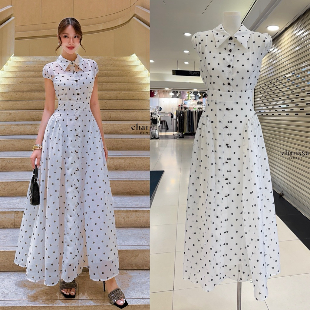 🏷️Varinda #28700 เดรส Polka Dot เดรสลายจุด ชุดออกงาน ชุดไปงาน เรียบหรู