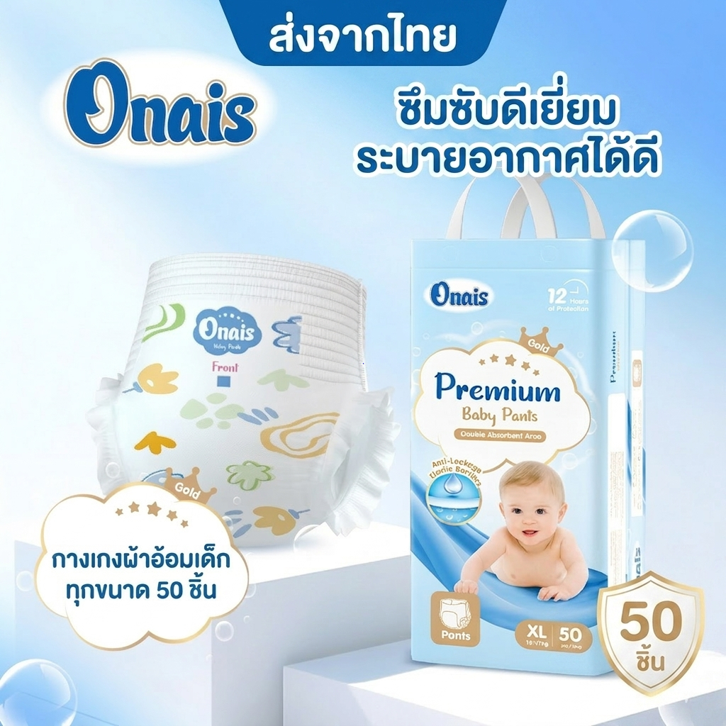 [Onais] ผ้าอ้อมสำเร็จรูปแบบกางเกง ขนาด L จำนวน 50 ชิ้น ซึมซับดีเยี่ยม ระบายอากาศได้ดี
