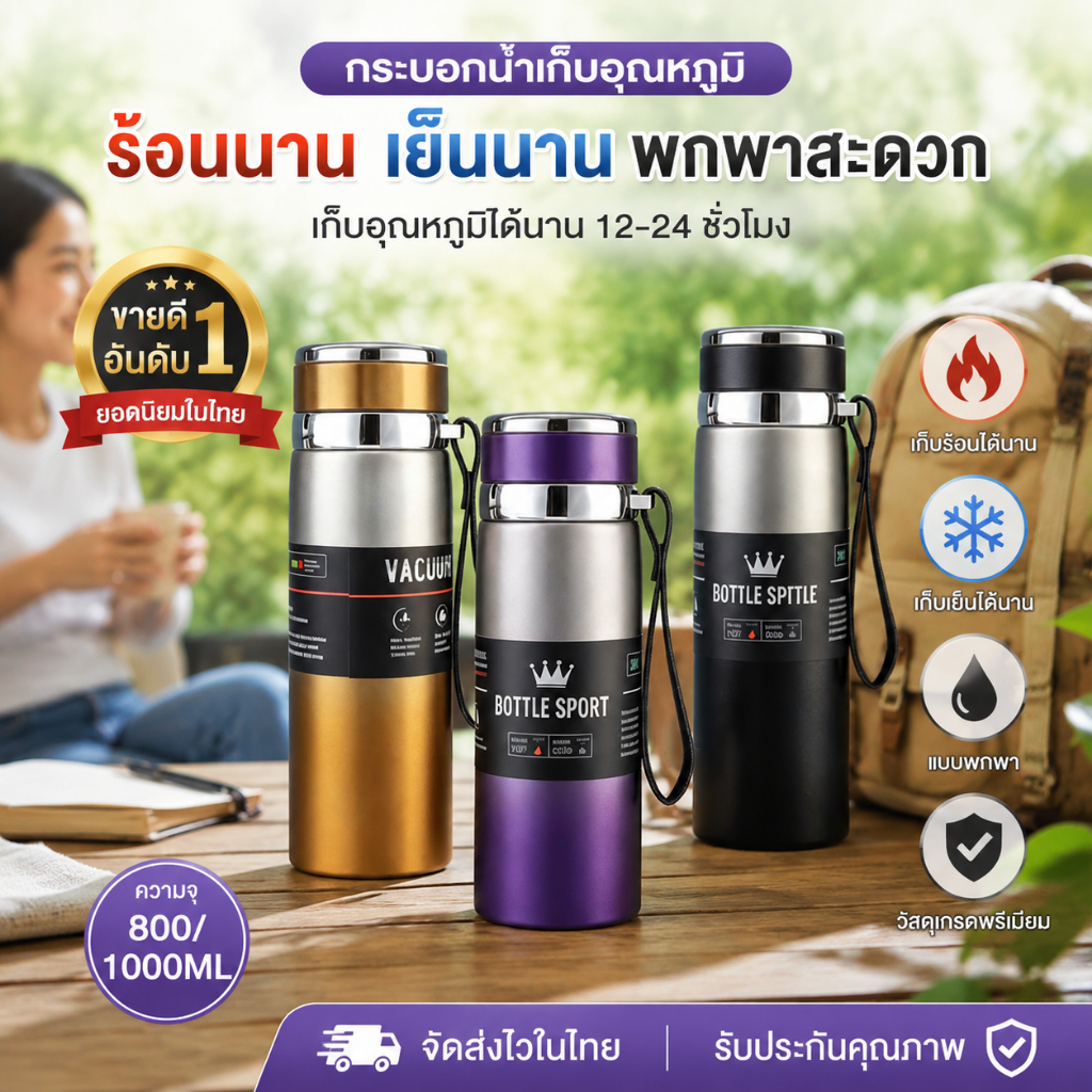 【มีสินค้าพร้อมส่ง】 ขวดเก็บอุณหภูมิสแตนเลส316 800/1000ml ความจุมาก มีสายคล้อง พกพาสะดวก สำหรับกีฬาและใช้ในรถ