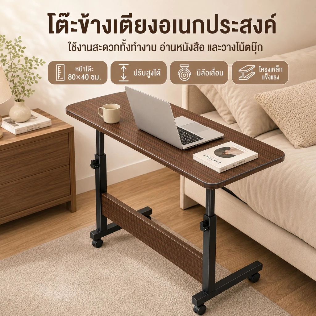 โต๊ะคอมข้างเตียง โต๊ะวางโน้ตบุ๊ก 80x40 ซม. ปรับระดับและเคลื่อนที่ได้ thumbnail 4