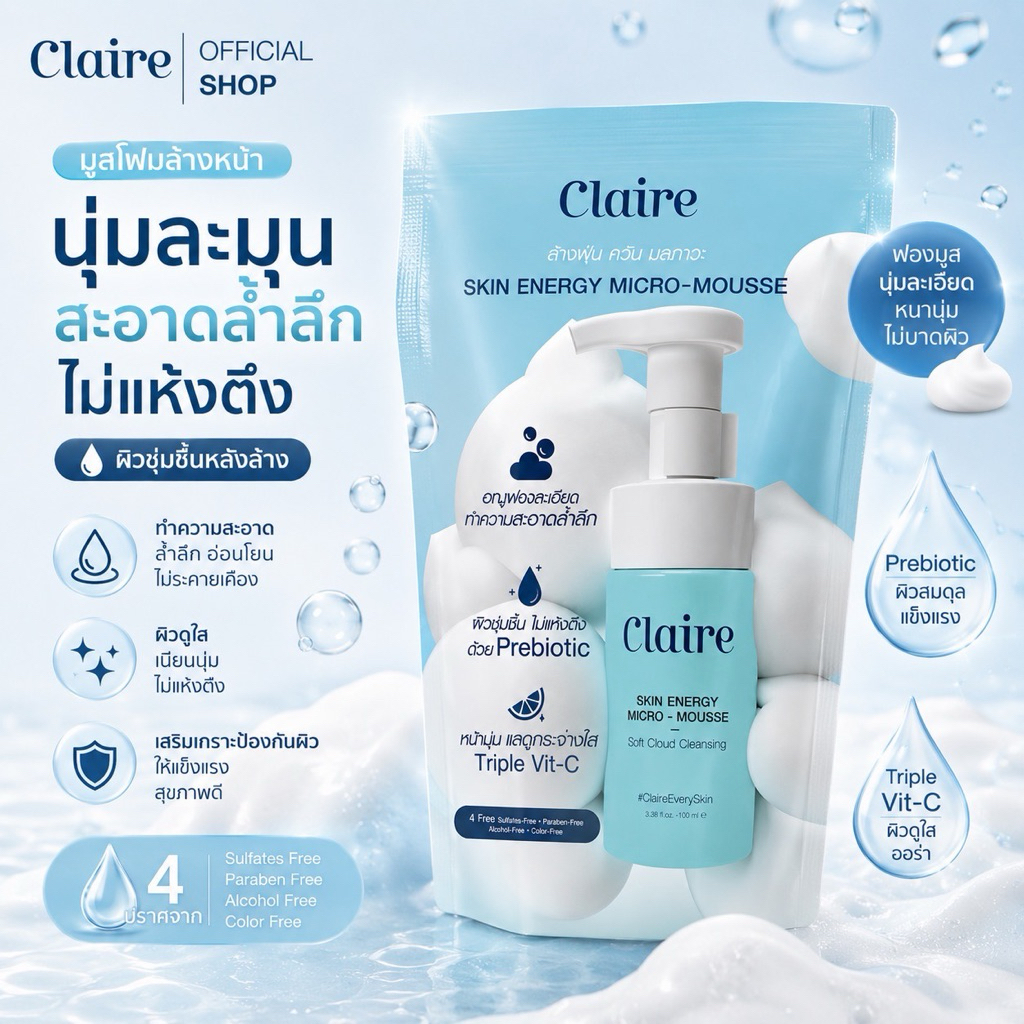 Claire Skin Energy Micro-Mousse ชนิดเติม 200 ml.