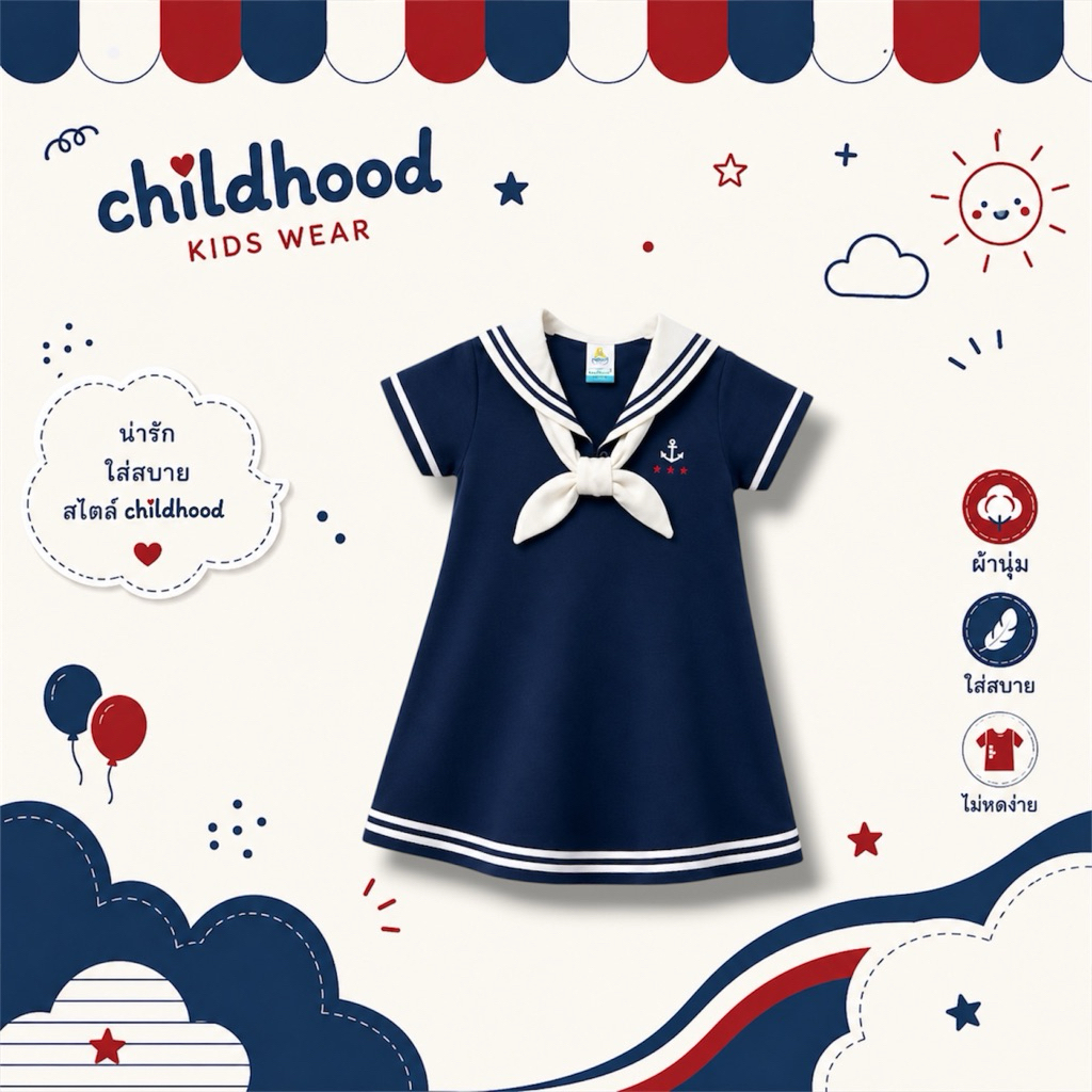 Childhood ชุดเดรสทหารเรือ มีกางเกงใน พร้อมส่งจากไทย