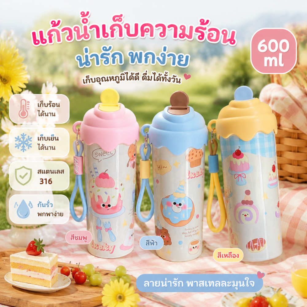 【แถมของขวัญฟรี】 ขวดเก็บอุณหภูมิ 600ml ลายไอศรีมการ์ตูน สแตนเลส316 ขนาดใหญ่ มีหลอด