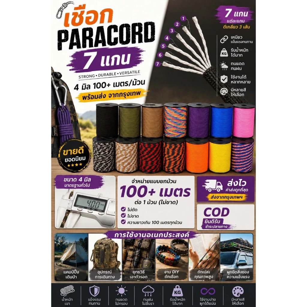 เชือกพาราคอร์ด PARACORD 550 4 mm 7 แกน อเนกประสงค์