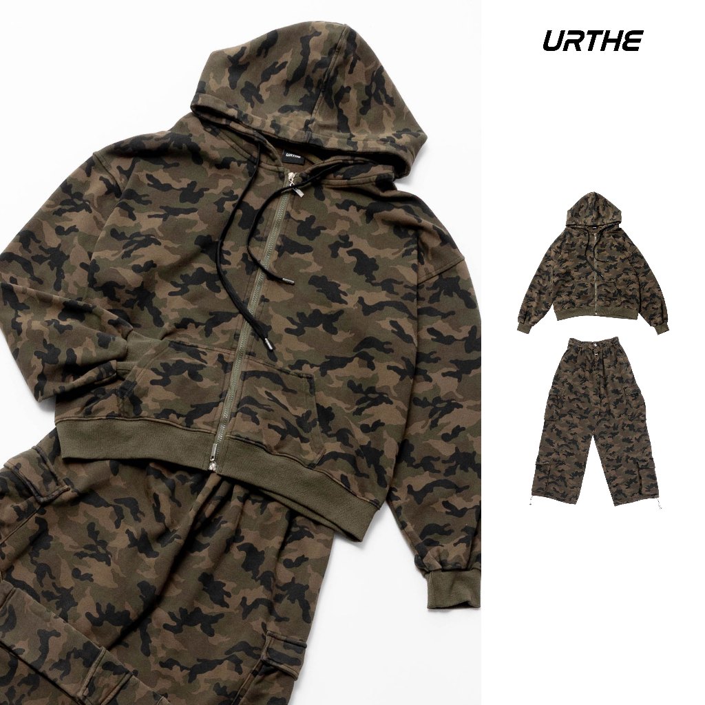 URTHE - ชุดเซต เสื้อฮู้ดดี้ กางเกงคาร์โก้ ลายพราง รุ่น