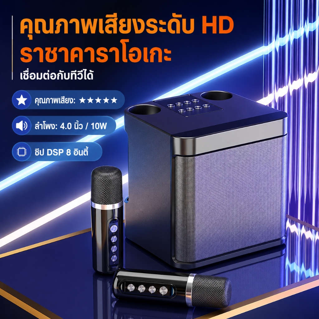 ลำโพงบลูทูธ ลำโพงบลูทูธคาราโอเกะ 2 ไมค์ คุณภาพเสียงระดับ HD สเตอริโอ