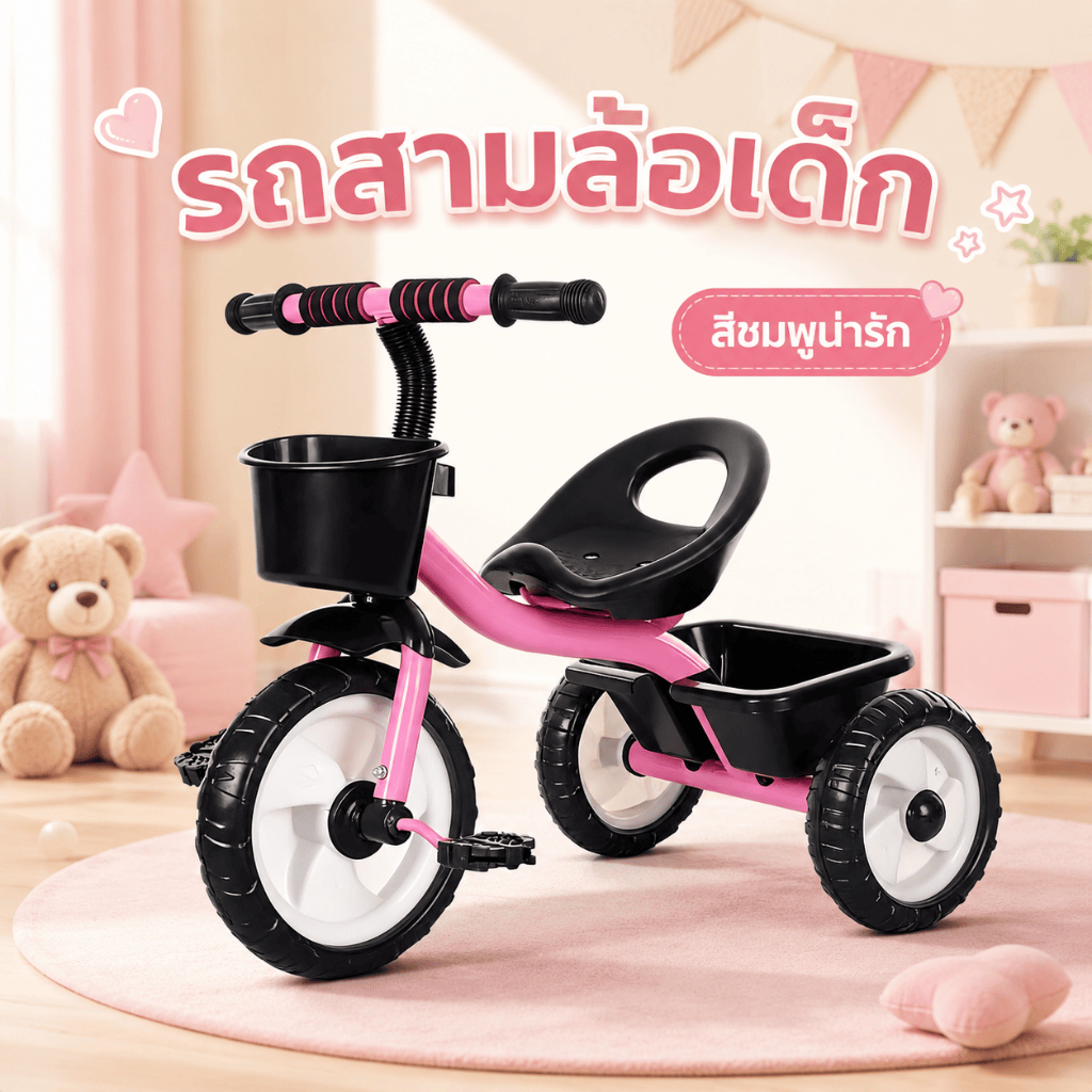 รถสามล้อเด็ก จักรยานเด็กมีแป้นถีบ เบาะนุ่ม ล้อมั่นคง รถเด็กขี่ โครงสร้างสามเหลี่ยมแข็งแรง กันสะเทือนดี