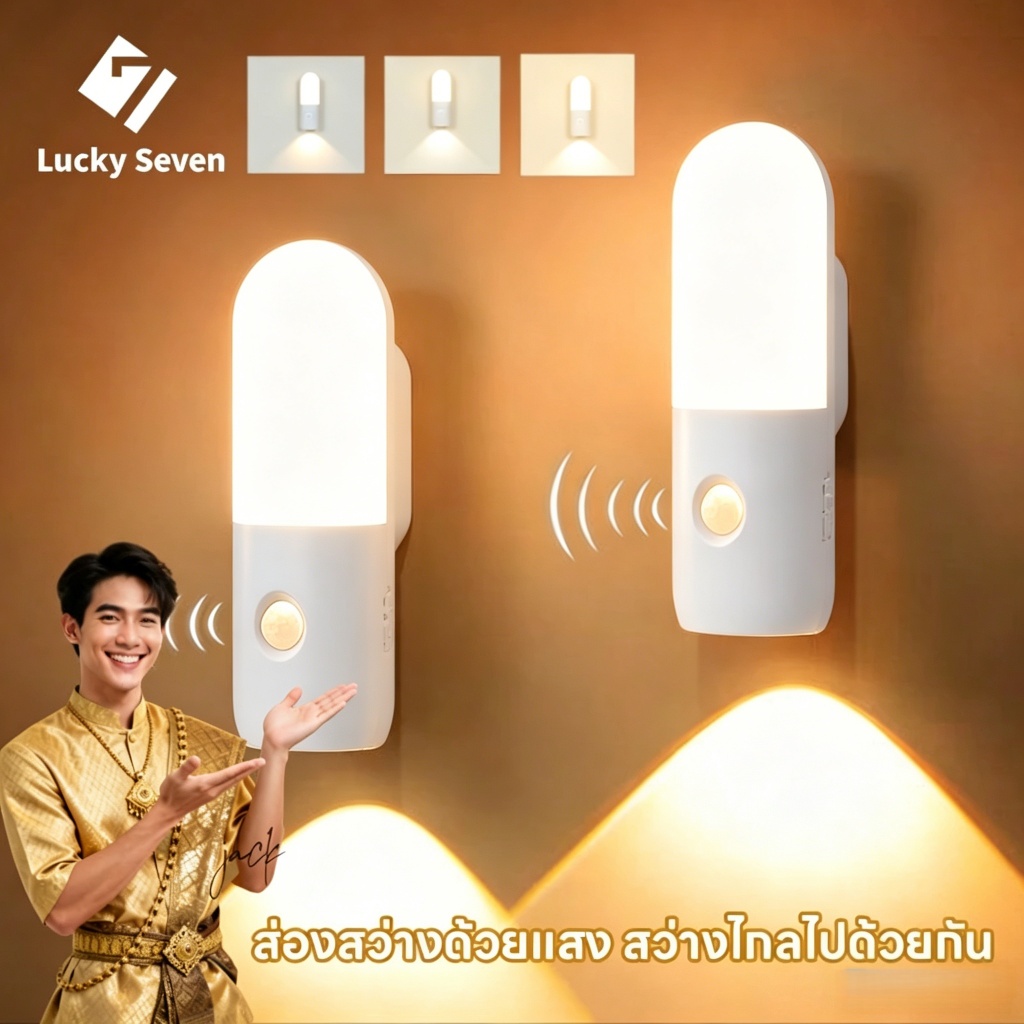 โคมไฟเซ็นเซอร์ ไฟติดห้องนอน โคมไฟหัวนอน การชาร์จผ่าน USB อุณหภูมิสี 3 แบบ ดีไซน์แม่เหล็ก ไฟเซ็นเซอร์อัจฉริยะ