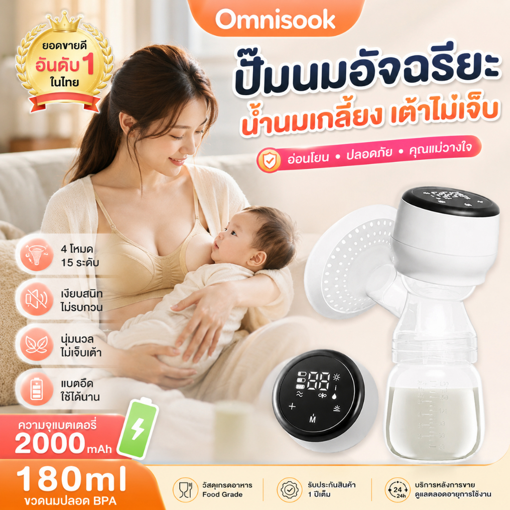 หน้าจอสัมผัส เครื่องปั๊มนมไฟฟ้า ในการดูดได้ 15 ระดับ 2000mAh ชาร์จไฟได้วัสดุ PPที่นำเข้า ความจุขนาดใหญ่ 180มล ปั้มนมแบบไ