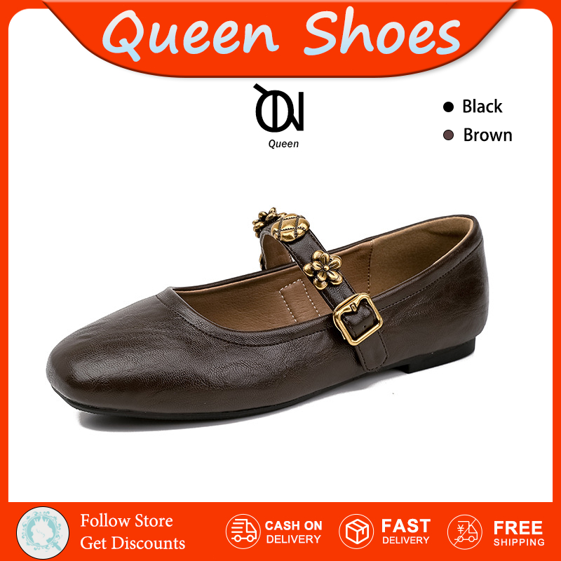 Queen รองเท้าส้นแบนสไตล์ฝรั่งเศส สำหรับผู้หญิง รุ่นใหม่ฤดูร้อน รองเท้าหนังปากตื้น แมรี่เจนย้อนยุค นุ่มสบาย
