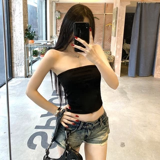 sexy เสื้อเกาะอก เปิดไหล่ ระบายอากาศได้ดี สีพื้น ทรงเข้ารูป ทันสมัย สไตล์ญี่ปุ่น เสื้อครอป หลากหลายสี ฤดูร้อน