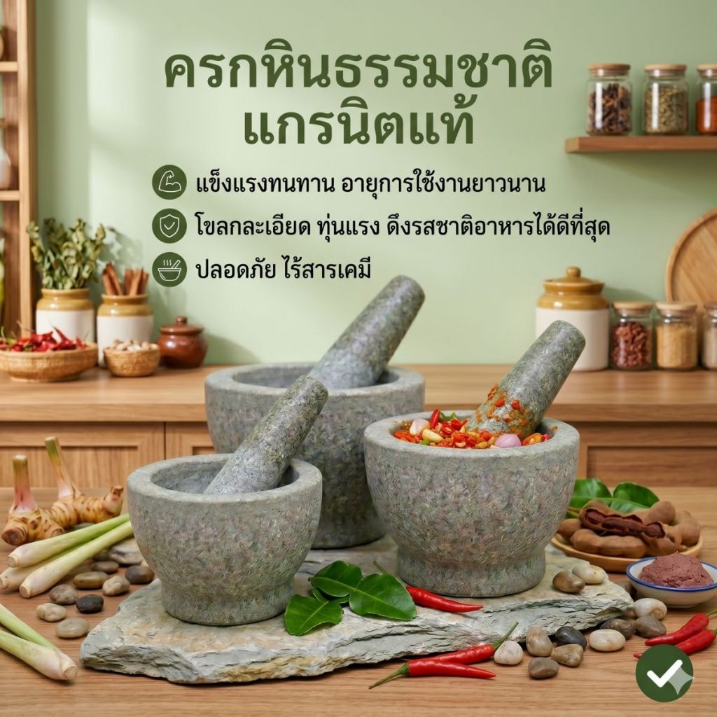 ครกหิน พร้อมสาก (ขนาด 6.5 นิ้ว 7 นิ้ว 8 นิ้ว) ครก ครกสีธรรมชาติของเนื้อหิน ครกหินตื้น ไม่มีการเคลือบสารใดๆ