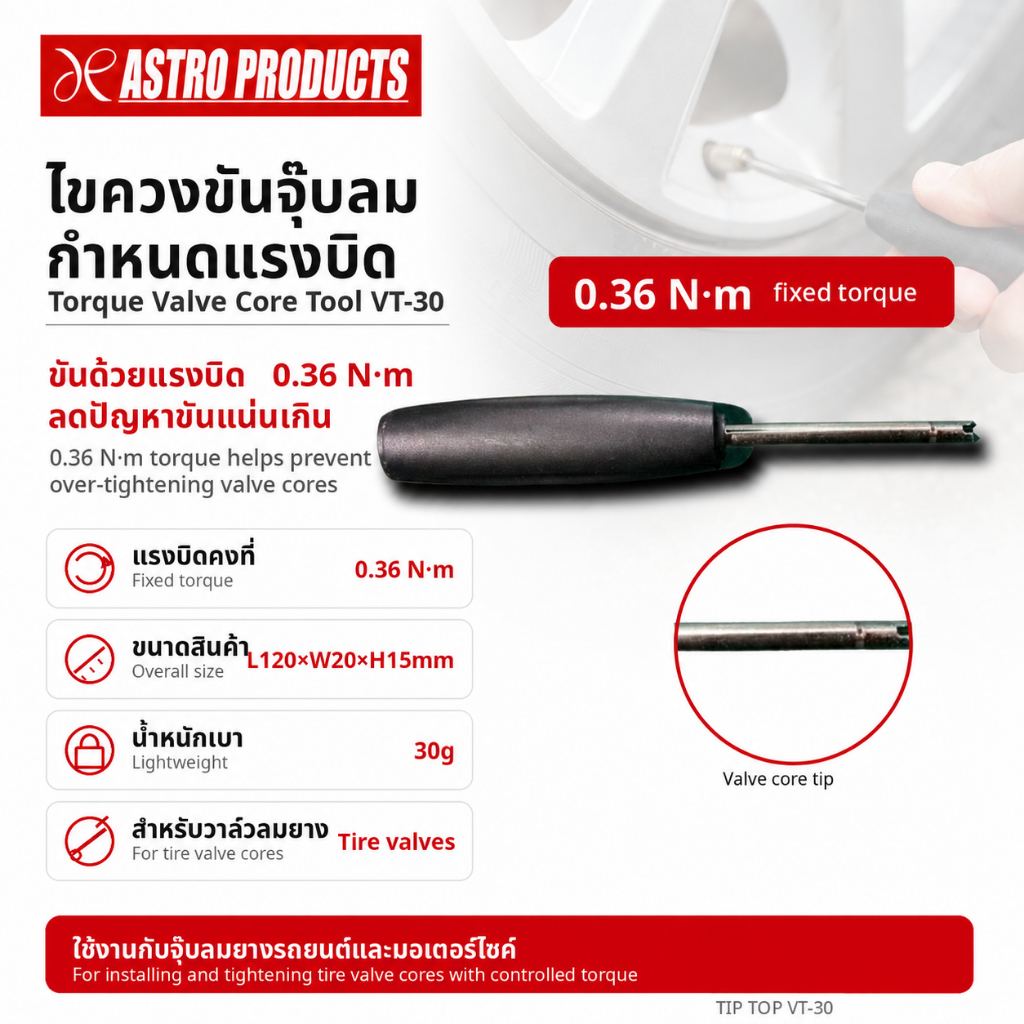 Astro Products ไขควงทอร์ควาล์ว VT-30 / VT-30 Torque Valve Core Driver 0.36Nm