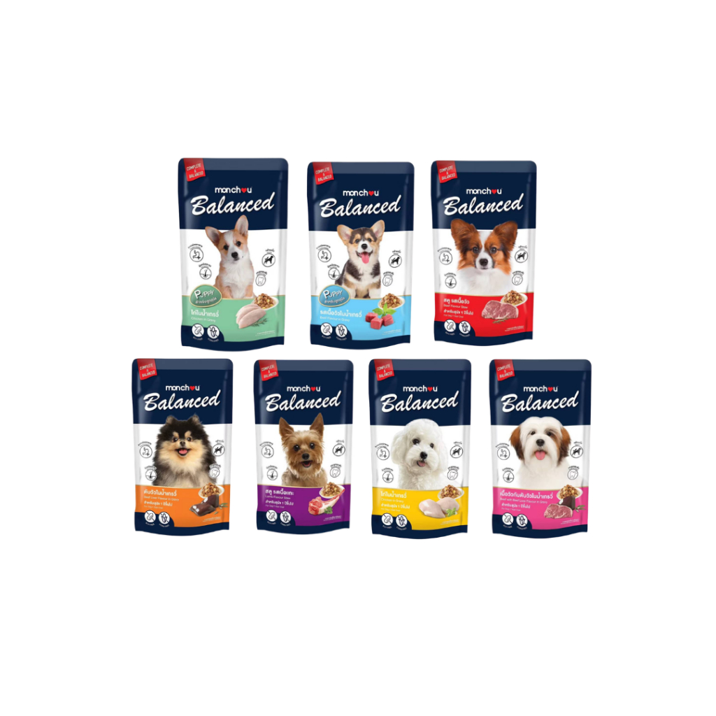 มอนชู  Monchou Balanced Dog Pouch มอนชู บาลานซ์ อาหารเปียกสำหรับสุนัขบรรจุ 120g 1โหล/12ซอง