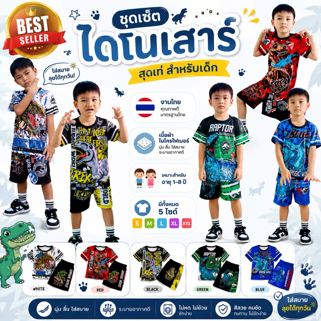 ชุดเด็ก ลายไดโนเสาร์ ชุดเด็กแขนสั้นขาสั้น เนื้อผ้าไมโครไฟเบอร์พิมพ์ลาย