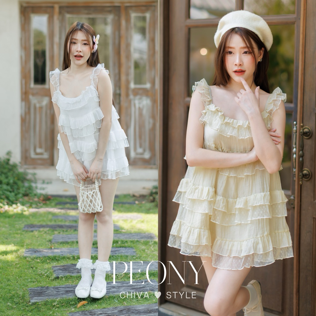 -𝐂𝐡𝐢𝐯𝐚- PEONY MINI DRESS | (แบบสวมหัว)มินิเดรสระบายไล่เลเยอร์ แต่งลูกไม้