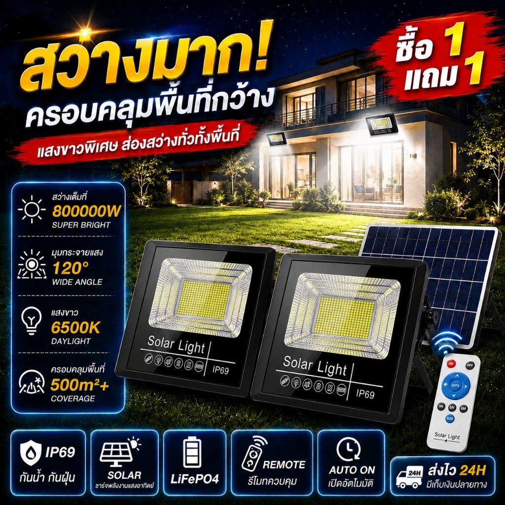 🔥ซื้อ 1 แถม 1🔥800000W ไฟโซล่าเซลล์ IP69 Solar Light กันน้ำกลางแจ้ง ไฟสปอร์ตไลท์โซล่าเซลล์ หลอด LED ขนาดใหญ