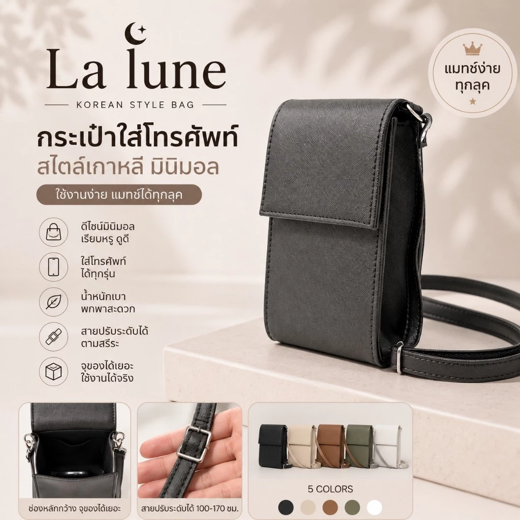 La Lune Linda กระเป๋าสะพายข้างผู้หญิง กระเป๋าหนัง PU พรีเมี่ยม สไตล์มินิมอล Made in Thailand