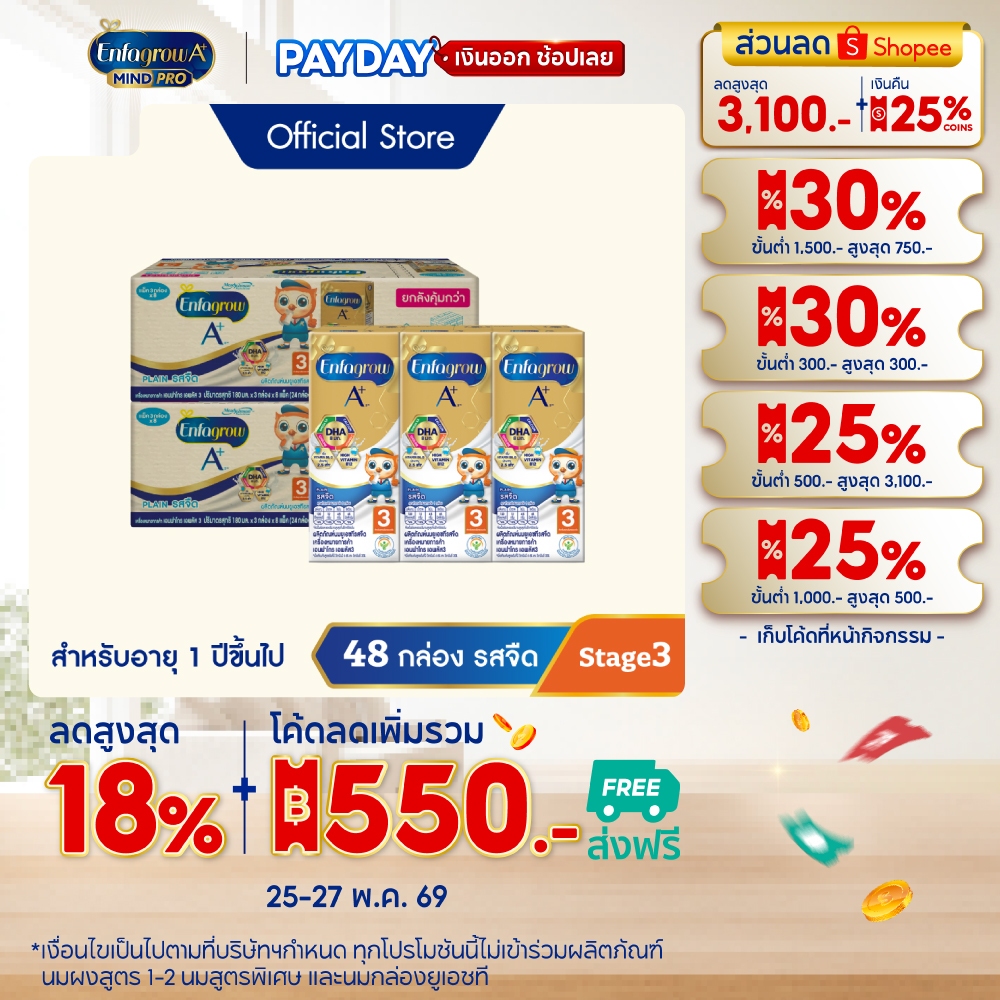 นมกล่อง เอนฟาโกร ยูเอชที สูตร3 ชนิดจืด (24 กล่อง) x2 ลัง Enfagrow UHT Stage3 Plain (24 boxes) x2 cases