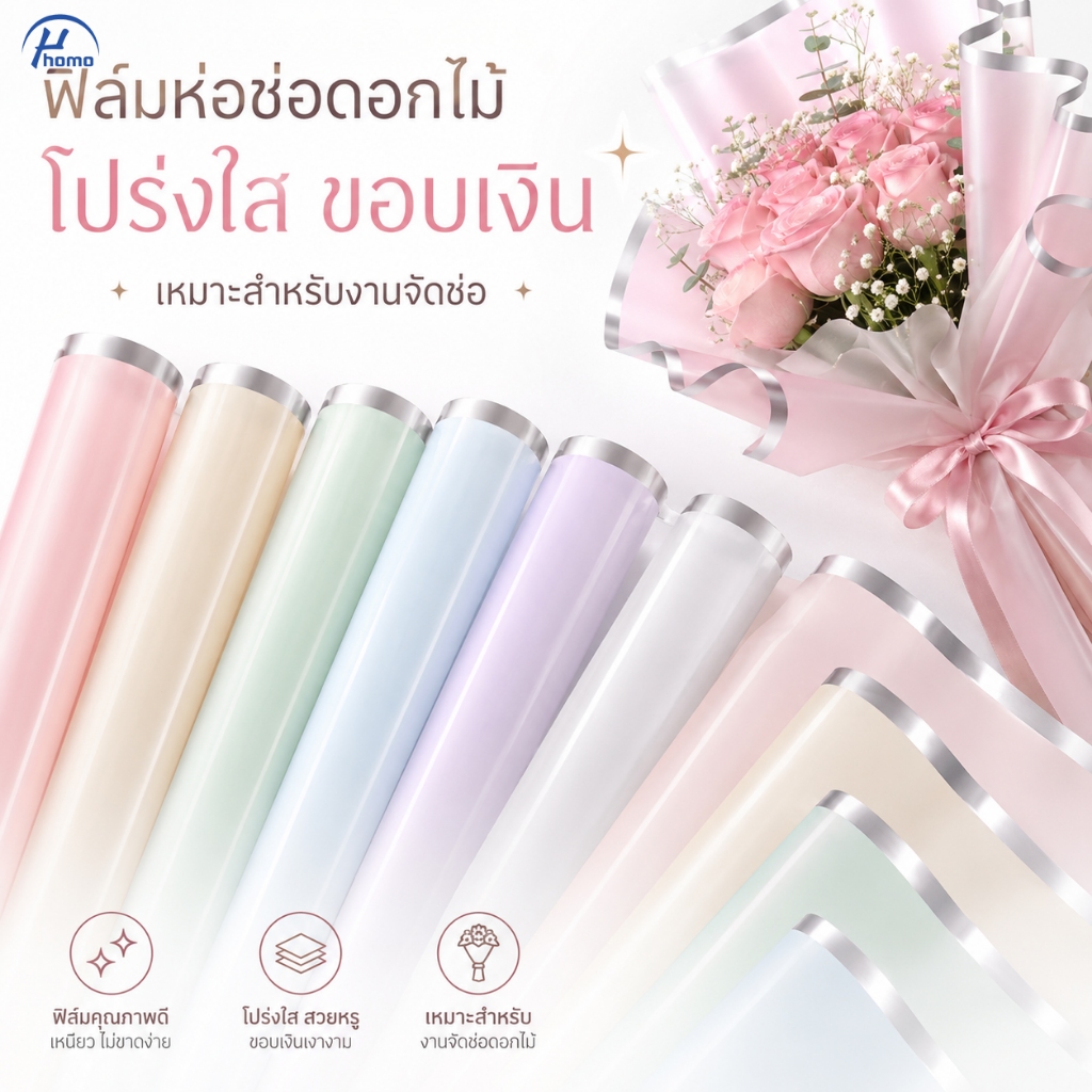 กระดาษห่อช่อดอกไม้ 58x58ซม สีชมพู ขาว ใส ขอบเงิน สไตล์มินิมอล