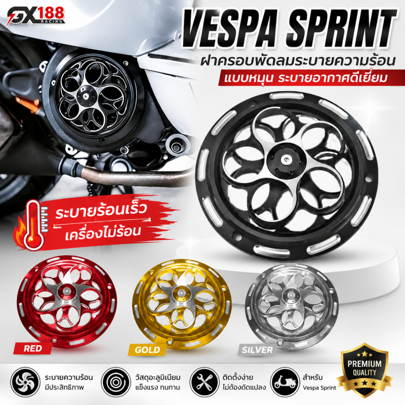 ฝาครอบพัดลมหมุนได้ CNC สำหรับ VESPA Sprint/Primavera/S125/GTS300 และ Lambretta v200 4สี ติดตั้งง่าย ทนทาน