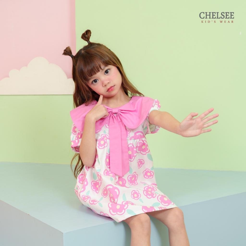 Chelsee فستان بنات قطن 100% بياقة فيونكة وزهور — صورة 8