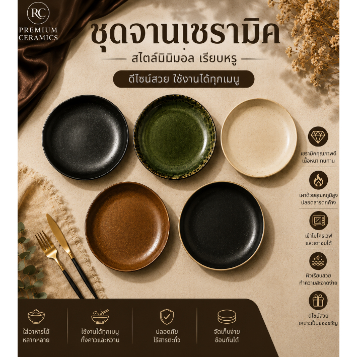 จานแบนสเต็กคาเฟ่ เซรามิกพรีเมี่ยม