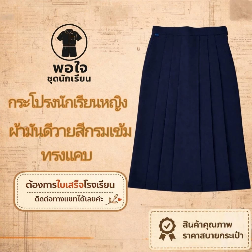 กระโปรงนักเรียนหญิง ผ้ามันดีวาย สีกรม ทรงแคบ