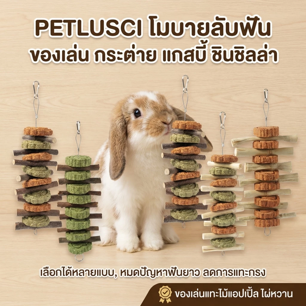 PETLUSCI® โมบาย ของเล่นลับฟัน ของเล่นกระต่าย ไม้ลับฟันกระต่ายและคุ้กกี้หญ้า ของเล่นกระต่าย โมบายไม้แอปเปิ้ล ไม้ไผ่หวาน