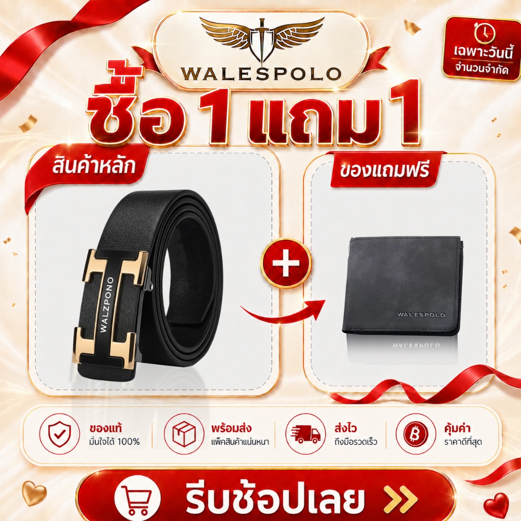 WALZPONO เข็มขัดผู้ชาย หัวเข็มขัดอัตโนมัติ หนังสีดำ ซื้อ 1 แถมกระเป๋าสตางค์ ของขวัญวันสงกรานต์ ลอยกระทง วาเลนไทน์ ปีใหม่