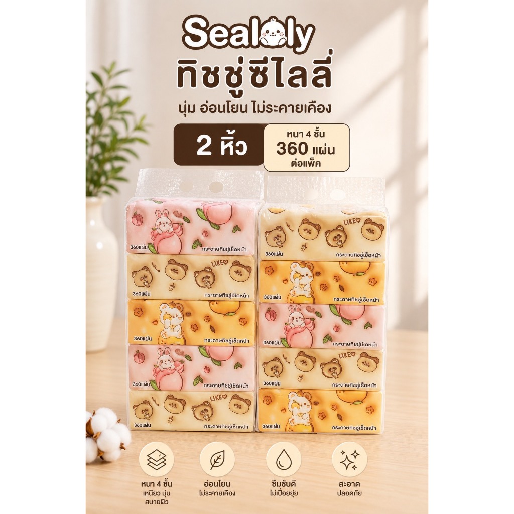 พร้อมส่ง ทิชชู่น้องหมีSealoly 2หิ้ว10ห่อ กระดาษทิชชู่แบบยาว ห่อใหญ่แน่นๆ หนา4ชั้น( 1ห่อ/360แผ่น) ทำความสะอาด